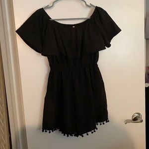 Medium, black, off the shoulder, ruffle, pom pom romper